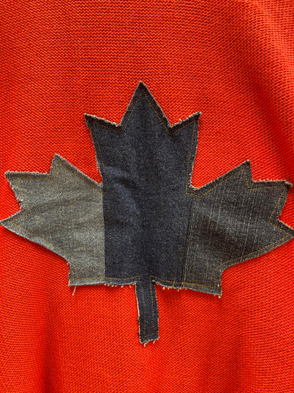 Maple Leaf Applique Open Front Denim Details Cardigan. Style SHNP5841