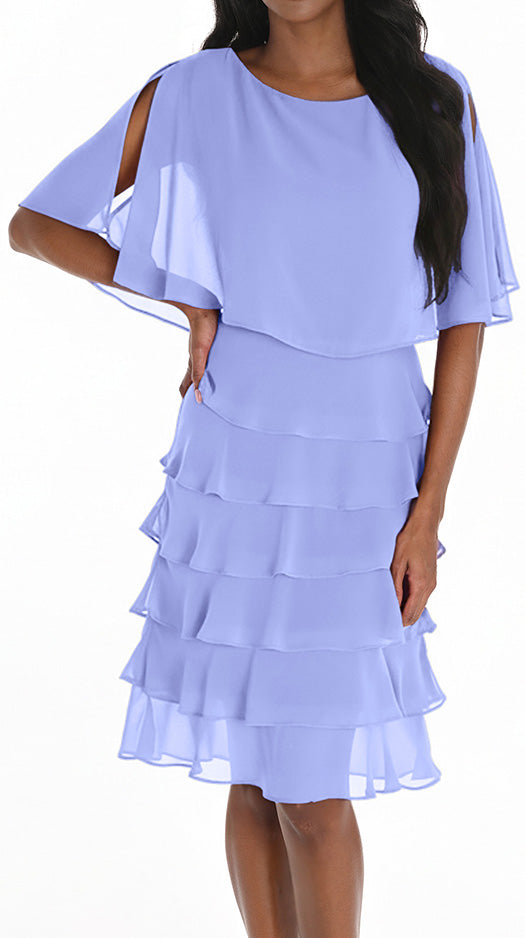 Multi Flutter Layer Cape Sleeves Solid Colour Dress. Style FL259029