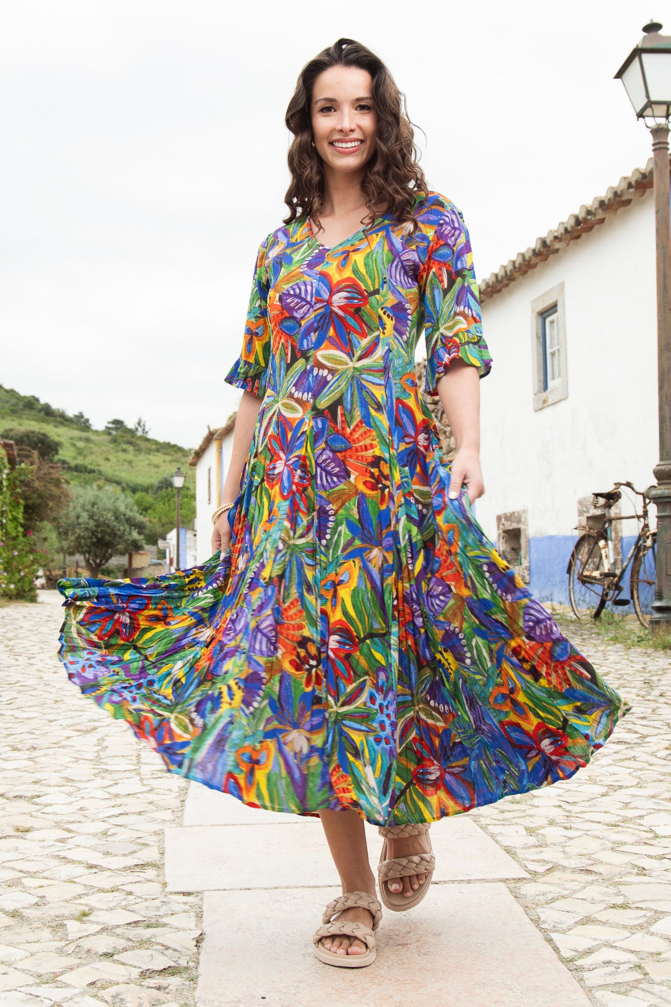 Fit & Flare Back Tie Short Sleeve Tropical Print Dress. Style ORI81-360