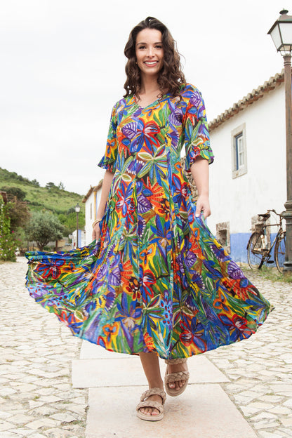 Fit & Flare Back Tie Short Sleeve Tropical Print Dress. Style ORI81-360