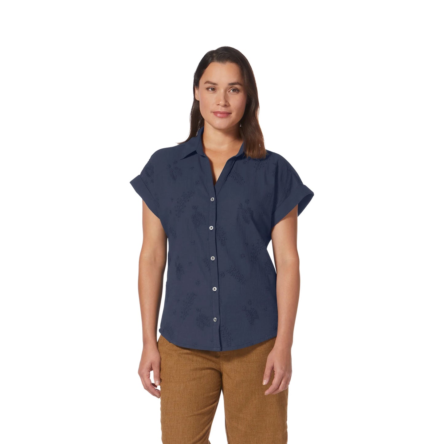 Button Up Crinkled Cotton with Floral Embroidery Top. Style RYRY621018