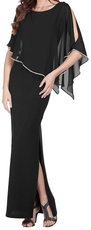 Chiffon Cape Overlay with Metallic Thread Ribbed Gown. Style FL179257