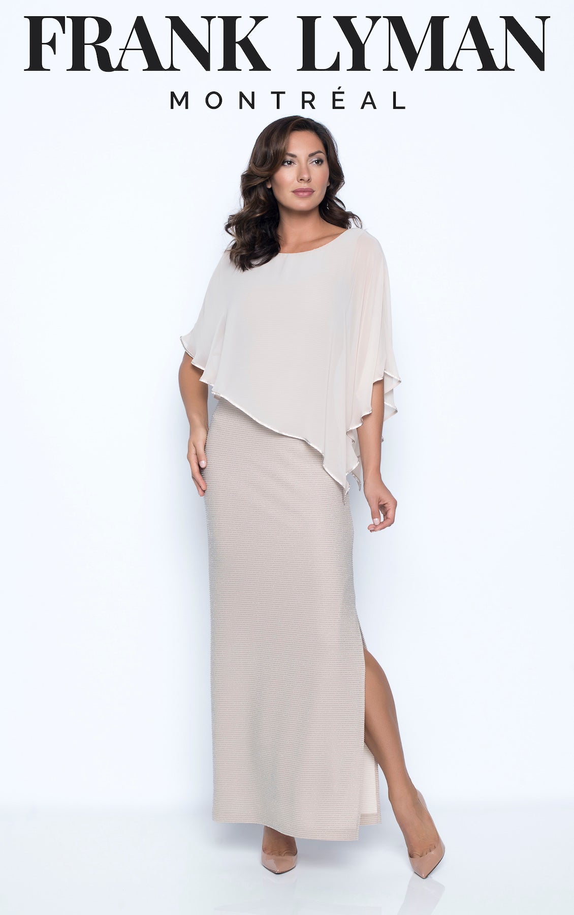 Chiffon Cape Overlay with Metallic Thread Ribbed Gown. Style FL179257