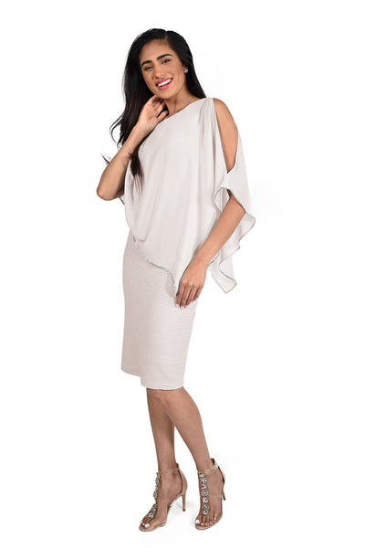 Chiffon Cape Overlay Ribbed Dress in Multiple Colours. Style FL219203