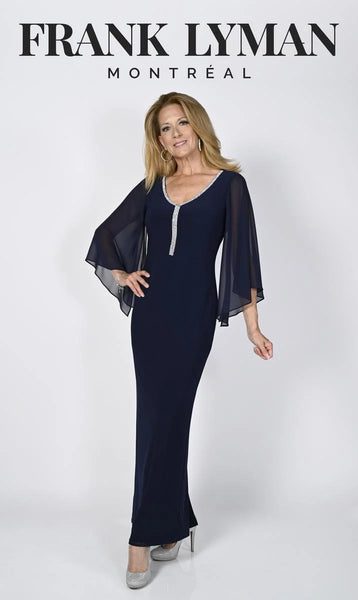 Sheer Bell Sleeve Rhinestone Trim Fitted Gown. Style FL238003