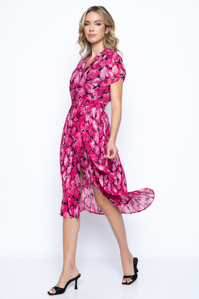 Button Front Pin Tucked Floral Dress. Style PYES651DR