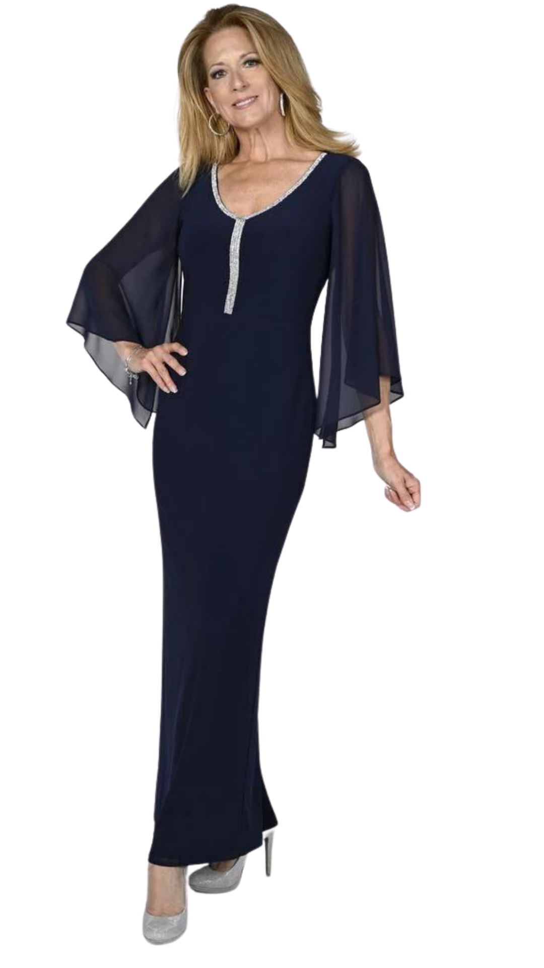 Sheer Bell Sleeve Rhinestone Trim Fitted Gown. Style FL238003