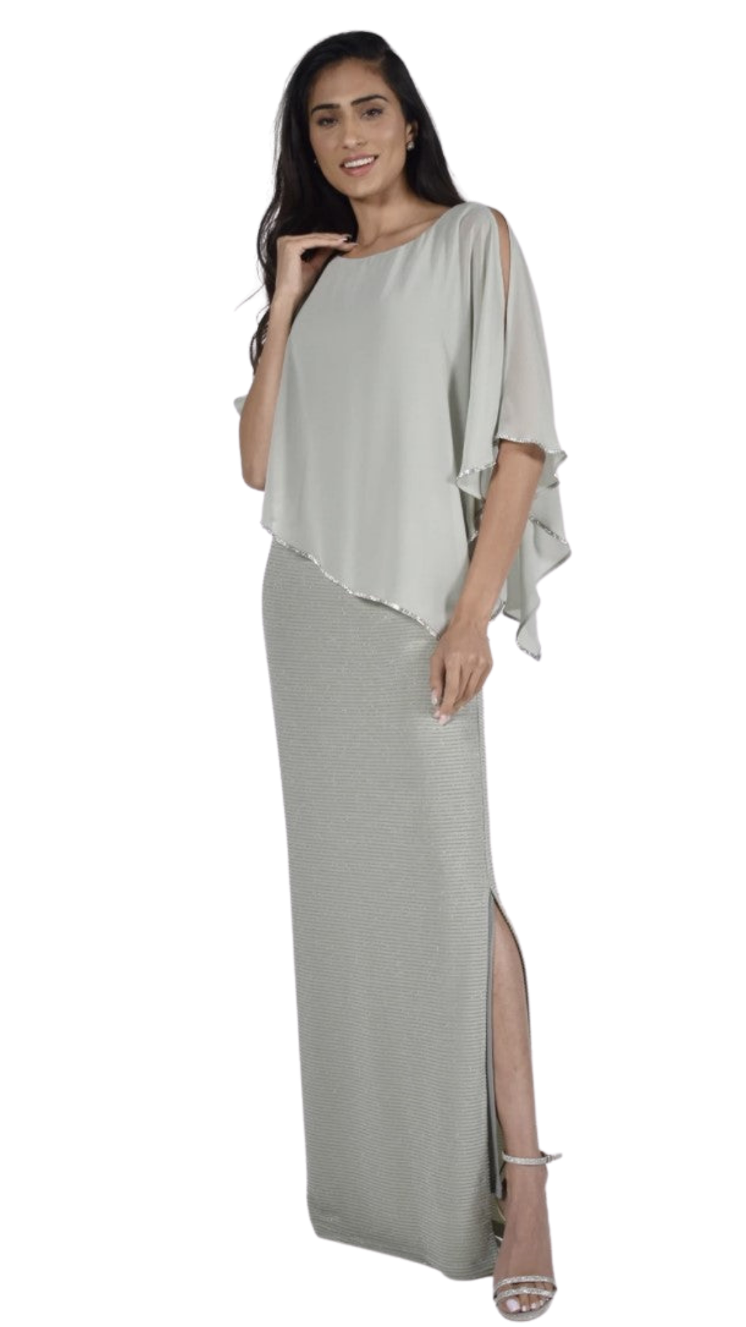 Chiffon Cape Overlay with Metallic Thread Ribbed Gown. Style FL179257