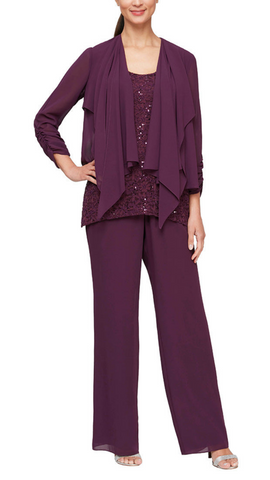Three-Piece Pant Suit Set in Raisin or Wedgewood. Style ALE8192002
