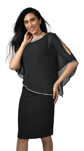 Chiffon Cape Overlay Ribbed Dress in Multiple Colours. Style FL219203