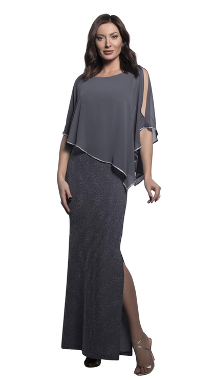 Chiffon Cape Overlay with Metallic Thread Ribbed Gown. Style FL179257