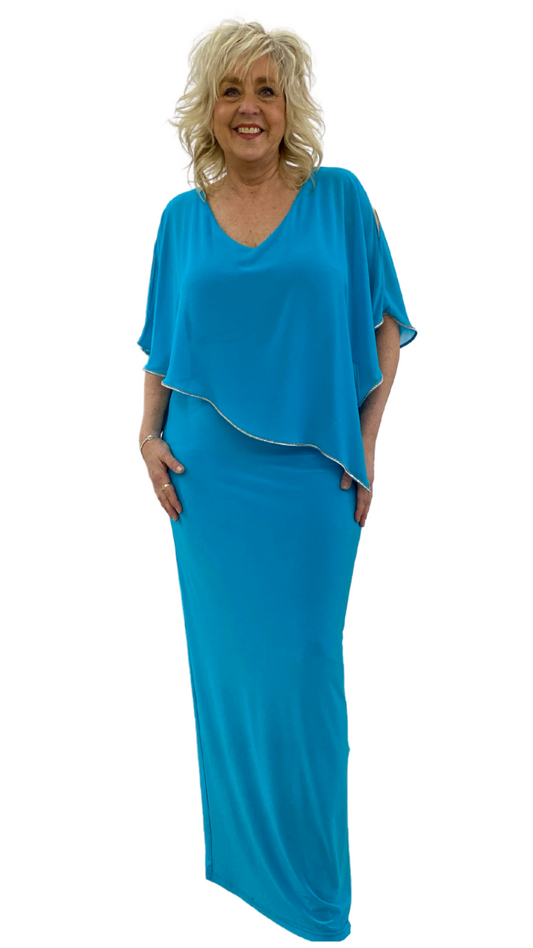 V-Neck Sheer Cape Dress. Style JR221385