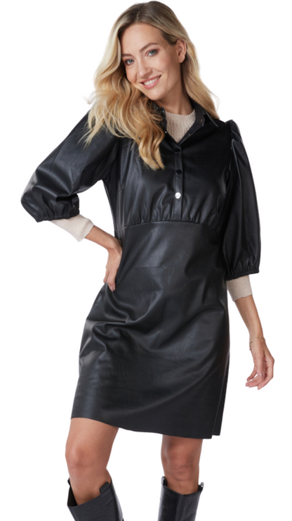 Vegan Leather Puffed Sleeve Dress. Style ESQF2211502