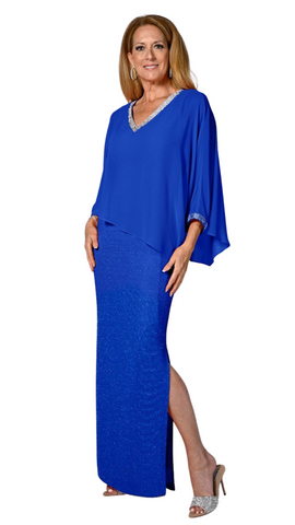 Sheer Cape Overlay Rhinestone Trim Gown in Royal or French Blue. Style FL238341