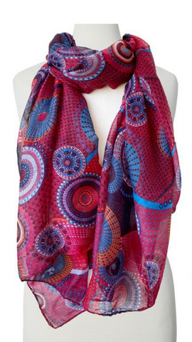 Foulard Scarf in Bordeaux Circle Print. Style CARA6018-BOR