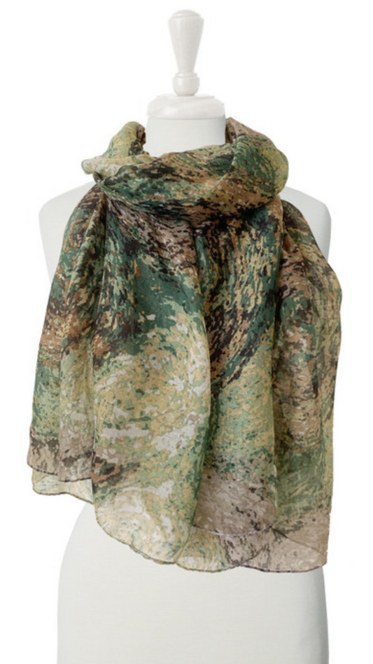 Foulard Scarf in Shades of Green Print. Style CARA6141-GRN