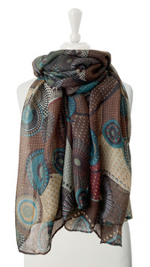 Foulard Scarf in Browns & Turquoise Circle Print. Style CARA6018-TER