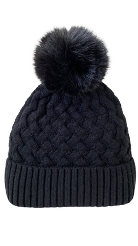 Black Knit Fleece Lined Pom Toque. Style CARA8001-BLK