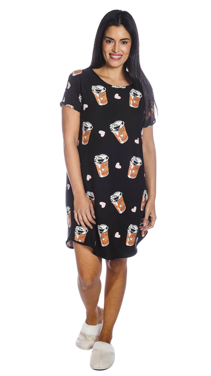 Black Coffee Print Plus Size Nightshirt. Style COTYM-NSXCOFFEE