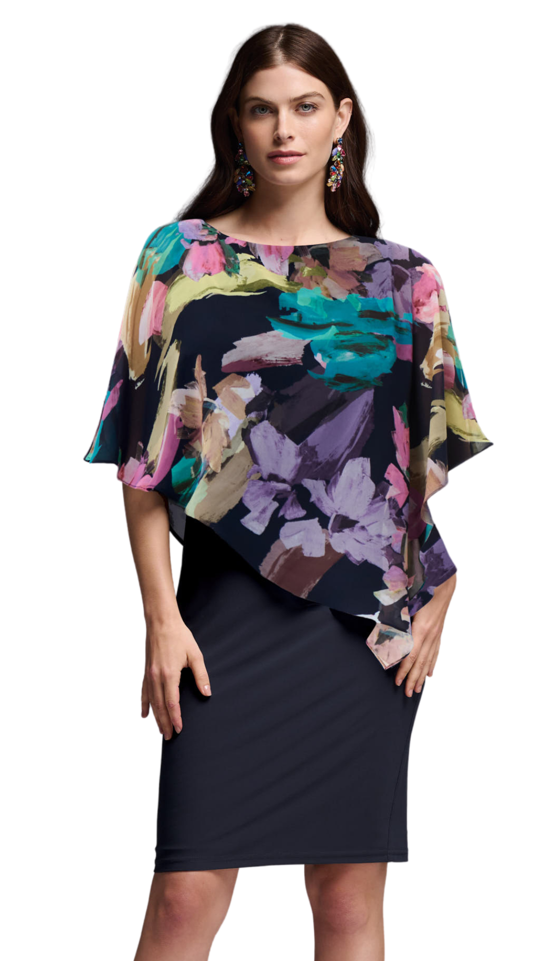 Sheer Floral Overlay Cape Dress. Style JR231755